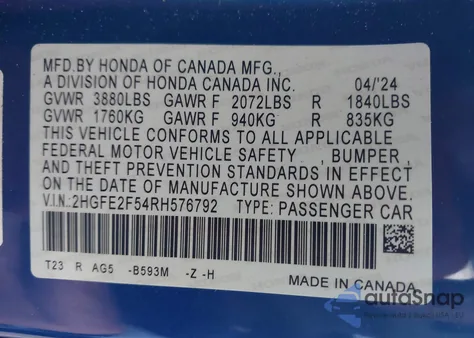 2024 Honda Civic Sport from USA, damaged, VIN 2HGFE2F54RH576792